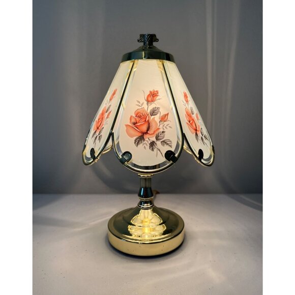 Vintage Floral Rose Touch Lamp Brass Tone Six Glass Panels 10.5" Mini Boudoir - Picture 1 of 12